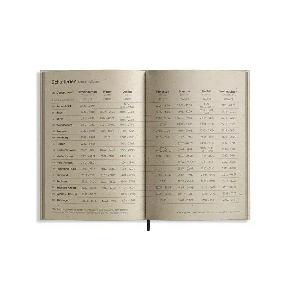 Nachhaltig und vegan produzierter Jahresplaner, Jahreskalender, Kalender, Familienkalender, Notizbuch, Tagebuch, Terminplaner, Achtsamkeitstagebuch, Bullet Journal, Reisetagebuch, Dankbarkeitstagebuch, Hausaufgabenheft, Uni-Planer, Taschenkalender, Buchkalender, Business-Planer, Wochenplaner A6 aus Graspapier von matabooks
