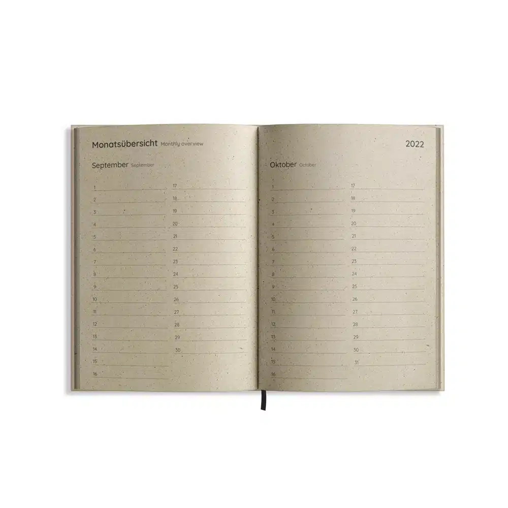 Nachhaltig und vegan produzierter Jahresplaner, Jahreskalender, Kalender, Familienkalender, Notizbuch, Tagebuch, Terminplaner, Achtsamkeitstagebuch, Bullet Journal, Reisetagebuch, Dankbarkeitstagebuch, Hausaufgabenheft, Uni-Planer, Taschenkalender, Buchkalender, Business-Planer, Wochenplaner A6 aus Graspapier von matabooks