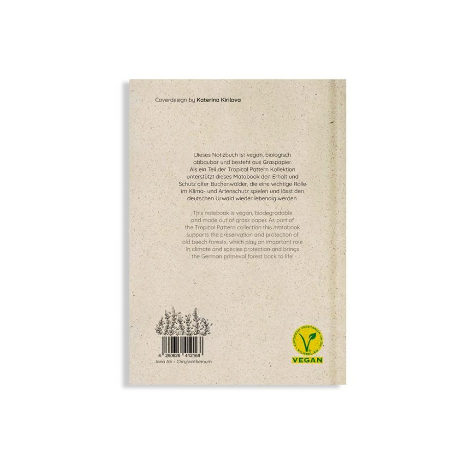 Nachhaltig und vegan produziertes Notizbuch, Skizzenbuch, Bullet Journal, Notebook, Tagebuch mit Lesezeichen-Band aus Graspapier von matabooks