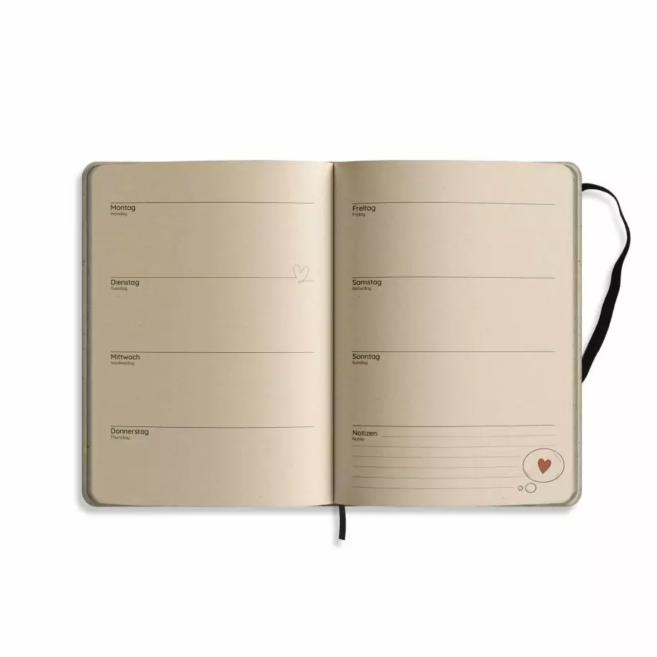 Nachhaltig und vegan produzierter Jahresplaner, Kalender, Terminplaner undatiert A5 mit Gummiband und Lesezeichen-Band aus Graspapier von matabooks