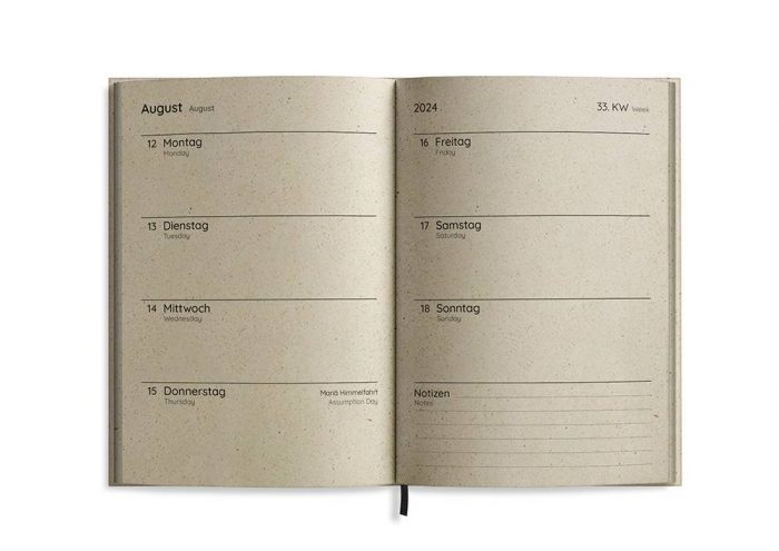 Nachhaltig und vegan produzierter Jahresplaner, Kalender, Terminplaner 2024 A6 Lesezeichenband aus Graspapier von matabooks