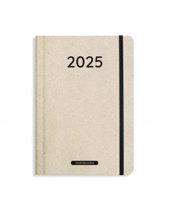 Nachhaltig und vegan produzierter Kalender/Jahresplaner/Terminplaner 2025, A5 aus Graspapier und Süßgraspapier mit Froschtasche, Lesezeichen und Gummiband von matabooks.