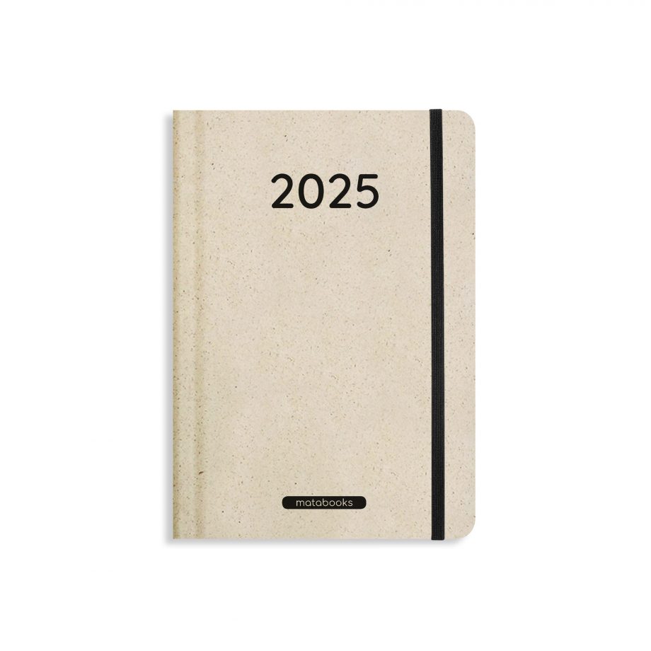 Nachhaltig und vegan produzierter Kalender/Jahresplaner/Terminplaner 2025, A5 aus Graspapier und Süßgraspapier mit Froschtasche, Lesezeichen und Gummiband von matabooks.