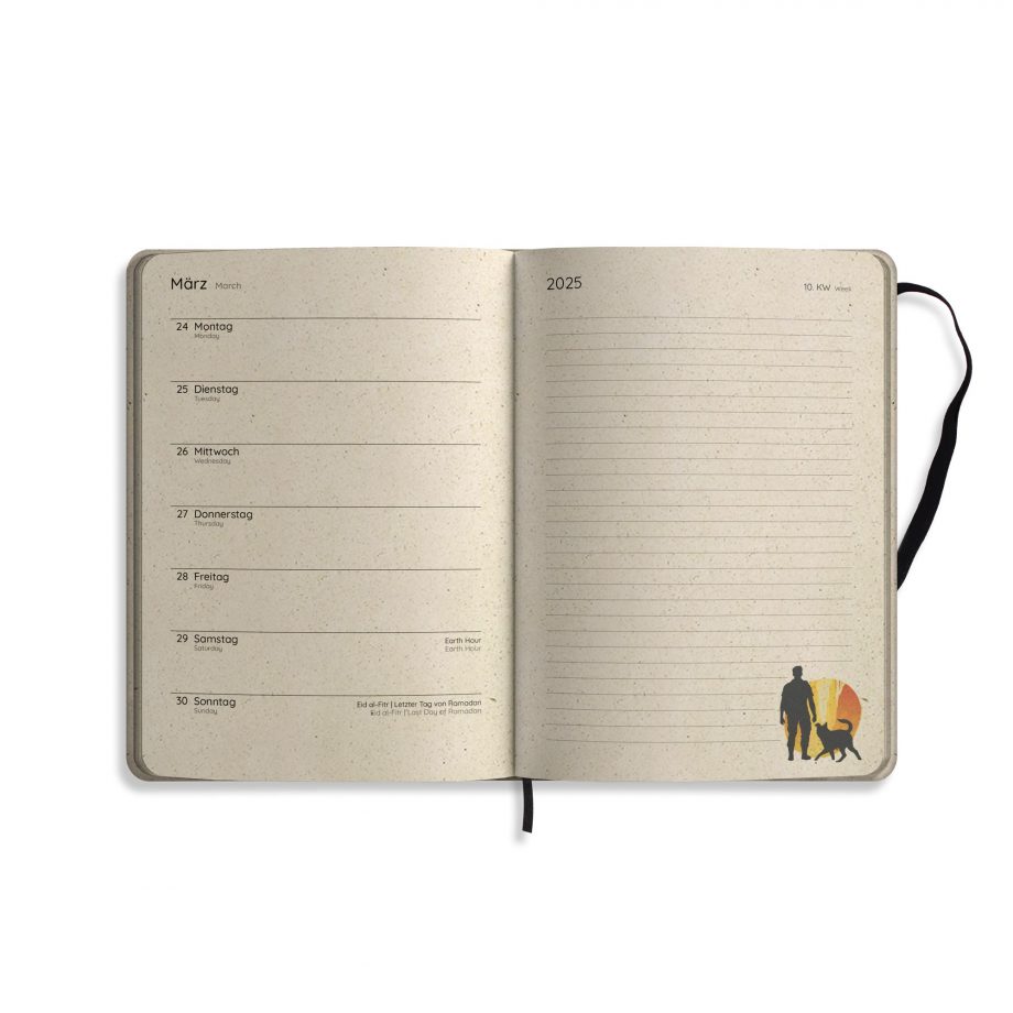 Nachhaltig und vegan produzierter Kalender/Jahresplaner/Terminplaner 2025, A5 aus Graspapier von matabooks mit Froschtasche, Lesezeichen, Gummiband und Wochenübersicht mit liebevollen Illustrationen.