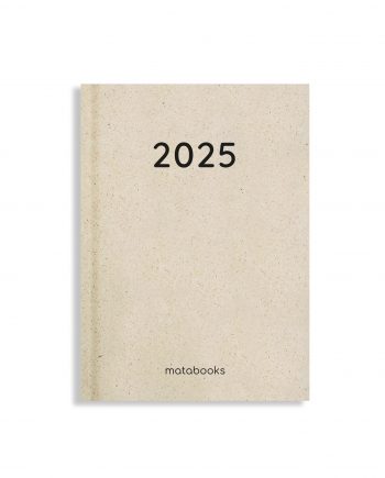 Nachhaltig und vegan produzierter Kalender/Jahresplaner/Terminplaner 2025, A6 aus Graspapier mit Lesezeichen.