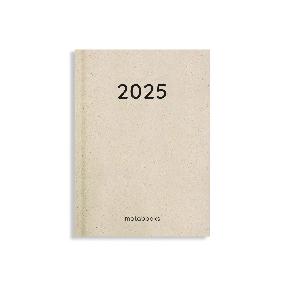 Nachhaltig und vegan produzierter Kalender/Jahresplaner/Terminplaner 2025, A6 aus Graspapier mit Lesezeichen.