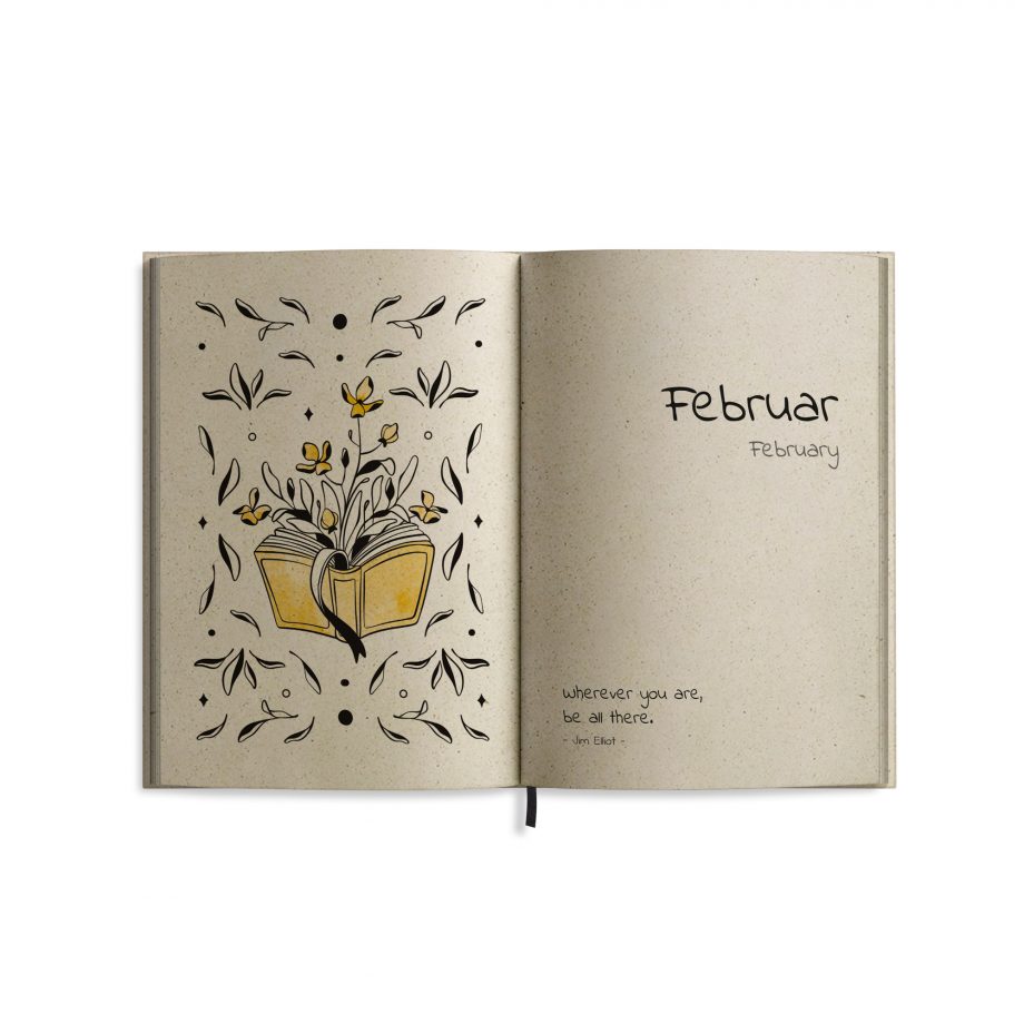 Nachhaltig und vegan produzierter Kalender/Jahresplaner/Terminplaner 2025, A6 aus Graspapier von matabooks mit Lesezeichen und liebevoll illustrierten floralen Motiven.