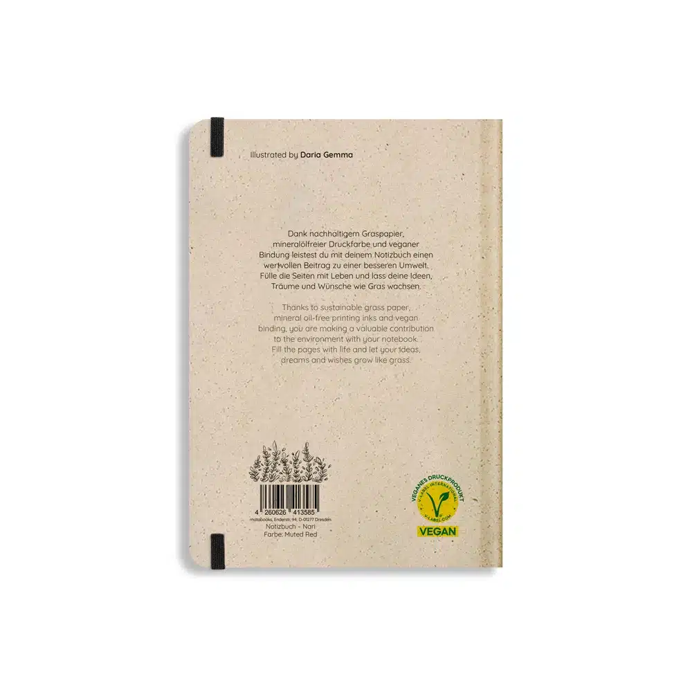 Nachhaltig und vegan produziertes Notizbuch, Skizzenbuch, Tagebuch, Achtsamkeitstagebuch, Reisetagebuch, Dankbarkeitstagebuch, Bullet Journal, Planer, Terminplaner, Uni-Planer, Kalender, Wochenplaner, Rezeptbuch, Schreibheft oder Schreibblock Nari aus Graspapier von matabooks