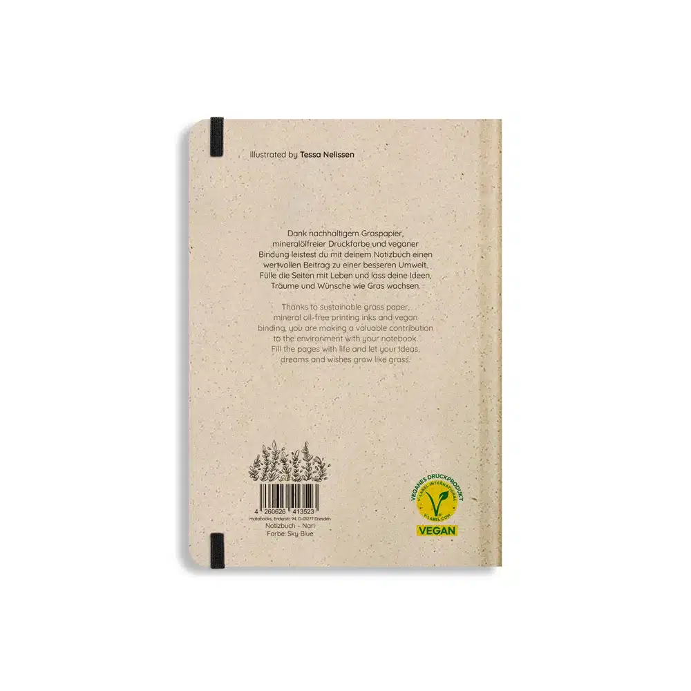 Nachhaltig und vegan produziertes Notizbuch, Skizzenbuch, Tagebuch, Achtsamkeitstagebuch, Reisetagebuch, Dankbarkeitstagebuch, Bullet Journal, Planer, Terminplaner, Uni-Planer, Kalender, Wochenplaner, Rezeptbuch, Schreibheft oder Schreibblock Nari aus Graspapier von matabooks
