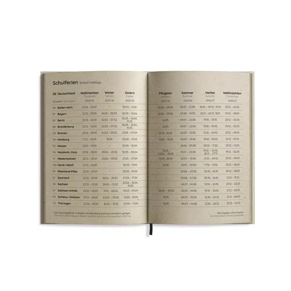 Nachhaltig und vegan produzierter Jahresplaner, Jahreskalender, Kalender, Familienkalender, Notizbuch, Tagebuch, Terminplaner, Achtsamkeitstagebuch, Bullet Journal, Reisetagebuch, Dankbarkeitstagebuch, Hausaufgabenheft, Uni-Planer, Taschenkalender, Buchkalender, Business-Planer, Wochenplaner A6 aus Graspapier von matabooks